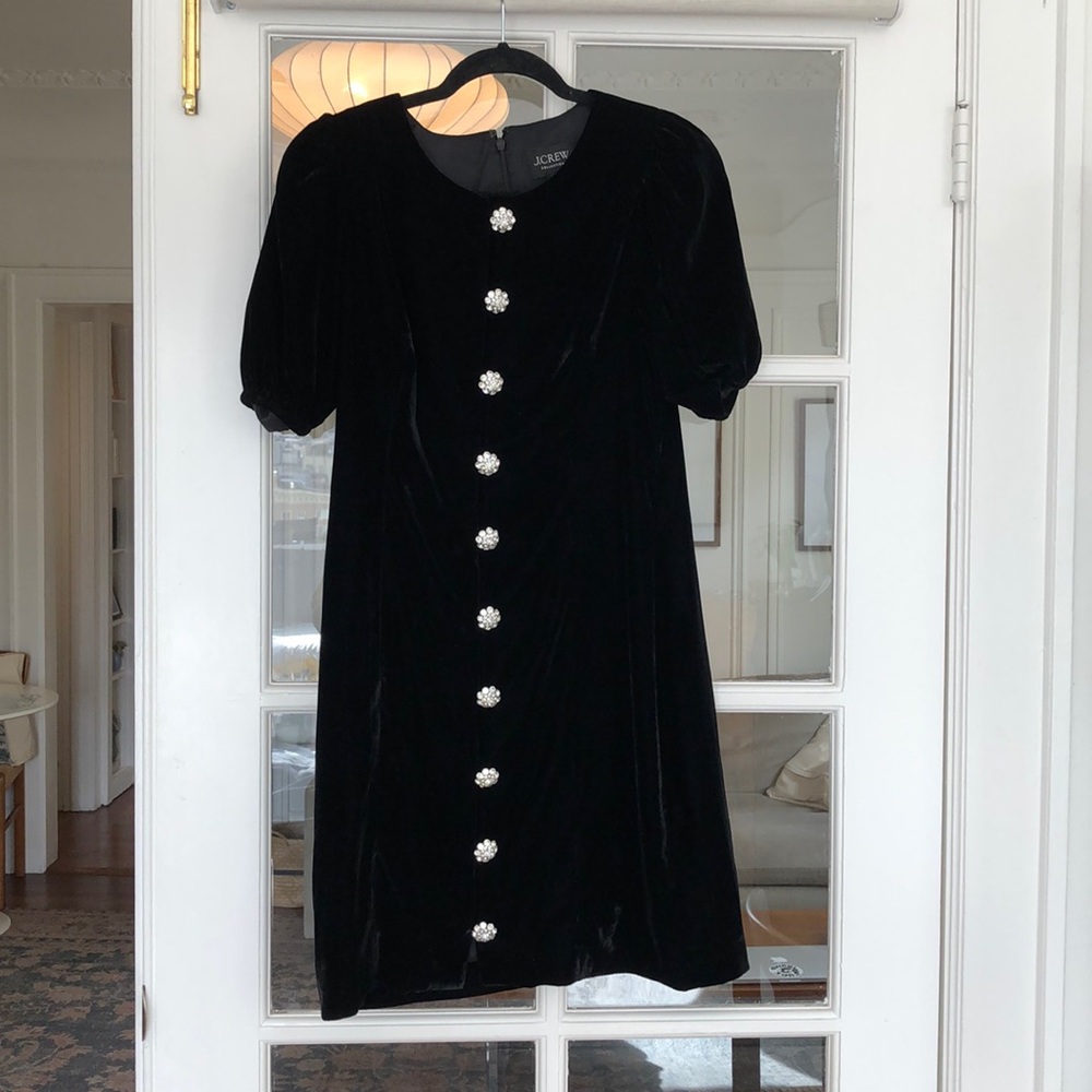 J Crew black puff sleeve velvet dress with rhinestone buttons